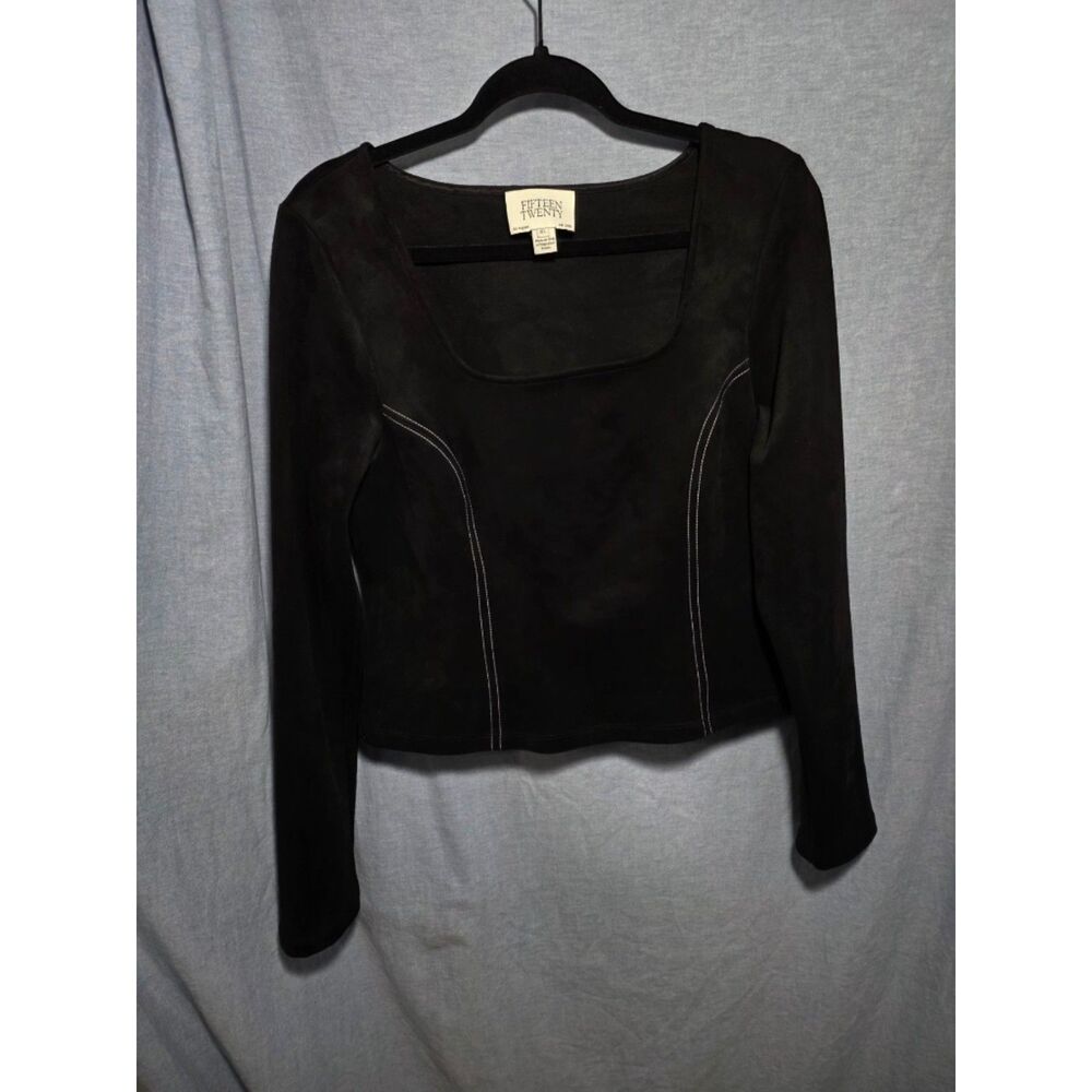Fifteen Twenty Faux Suede Top Black Contrast Stitch Square Neck Side Zip XL